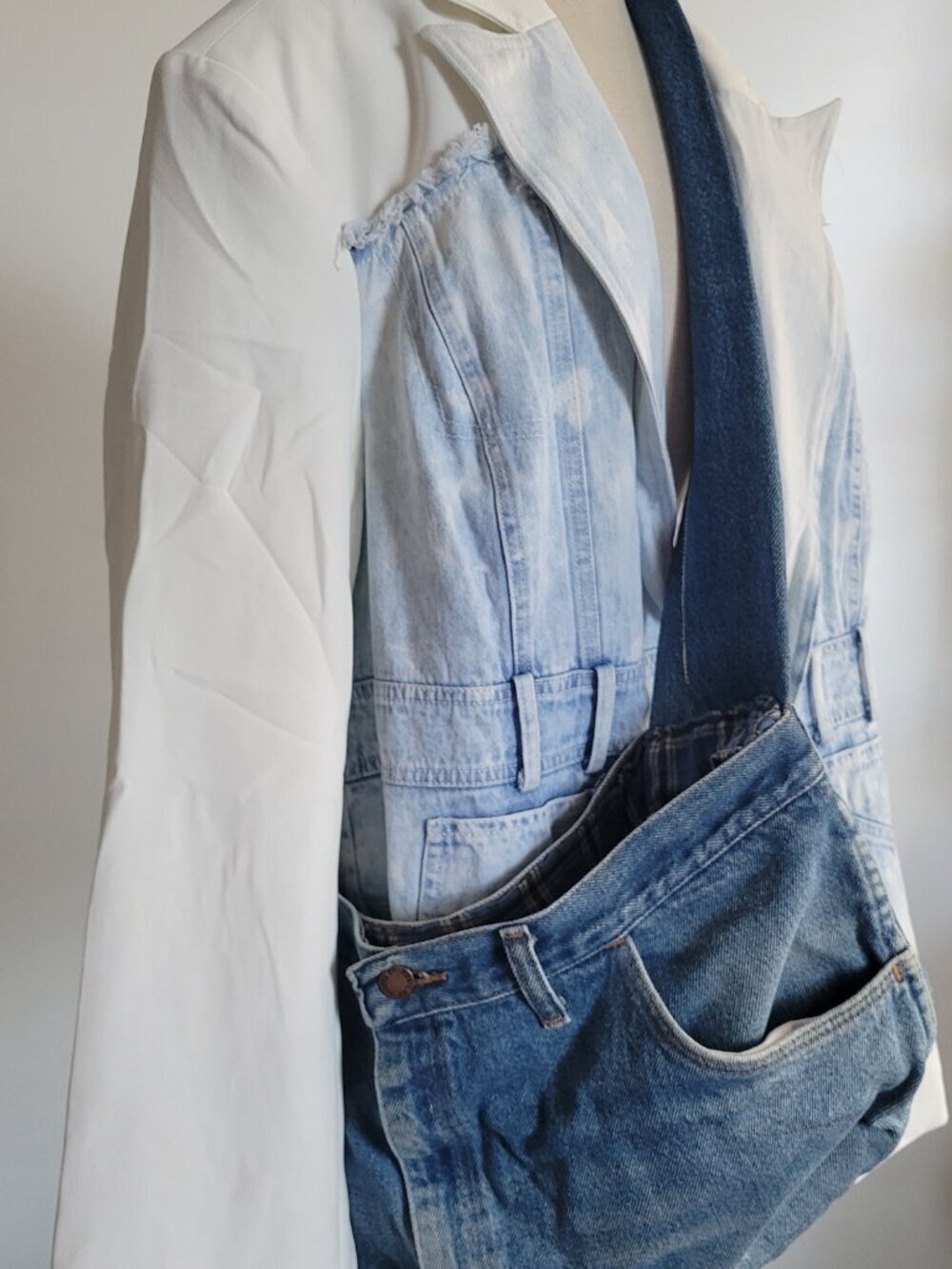 Handmade Upscaled Denim Blue Jean Crossbody Handbag w/ Black Studded Belt - Picture 6 of 16